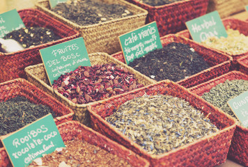 different  herbs and tea in  market