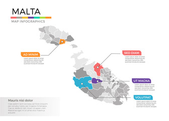 Malta map infographics vector template with regions and pointer marks
