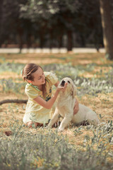 Retriever pup Lovely scene cute young teen girl enjoying posing summer time vacation with best friend dog ivory white labrador puppy.Happy airily careless childhood life world of dreams with puppies