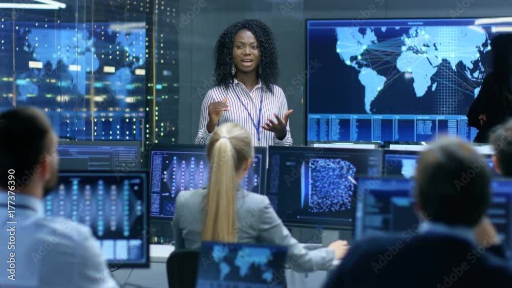 Aufkleber Chief Project Engineer Holds Briefing for a Team of Scientists that are Building Machine Learning System. Displays Show Working Model of Neural Network. 