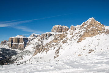 Skiing area in the Dolomites Alps. Overlooking the Sella group  in Val Gardena. Italy