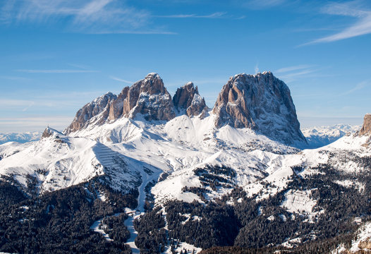 Skiing area in the Dolomites Alps. Overlooking the Sella group  in Val Gardena. Italy