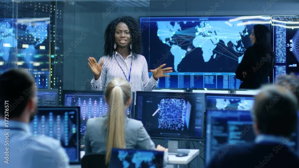 Aufkleber Chief Project Engineer Holds Briefing for a Team of Scientists that are Building Machine Learning System. Displays Show Working Model of Neural Network. 
