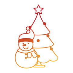 merry christmas pine tree with snowman character vector illustration design