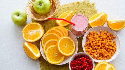 Fruits and berries on the kitchen table. View from above