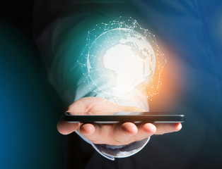 International network displayed on a futuristic interface with globe and connection - technology and business concept