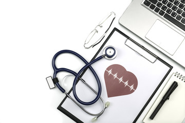 Stethoscope and red heart with cardiogram or heart beat chart for medical concept isolated on white background