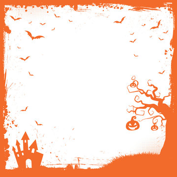 Square Halloween banner template with pumpkin, scary house, flying bat border