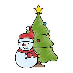 merry christmas pine tree with snowman character vector illustration design