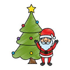 merry christmas pine tree with santa claus character vector illustration design