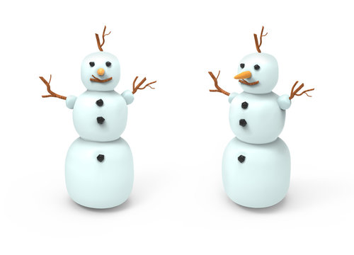 Two white snowmans. 3D image on white background