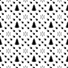 Snowflake and tree in square seamless pattern