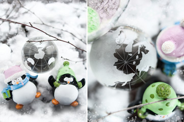 New Year's postcard, the North Pole and the penguins. New Year's decorations. Funny animals in the new year.
