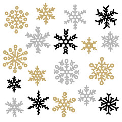 Set of gold and silver snowflakes. Holiday collection. Snowflakes collection isolated on white background. Vector illustration.