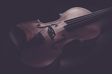 Violin musical instruments of orchestra closeup on black