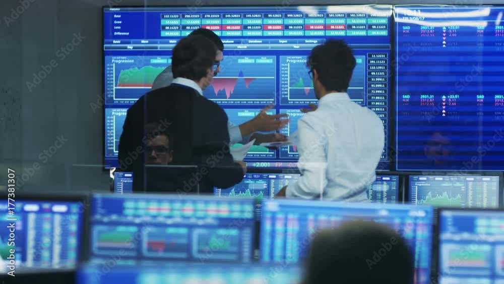 Poster three experienced stock traders talking business, consulting documents and argue about data. they wo