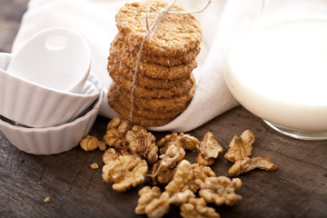 Homemade Chocolate chip cookies, freshly baked on rustic wooden table. Selective Focus. Copy space.