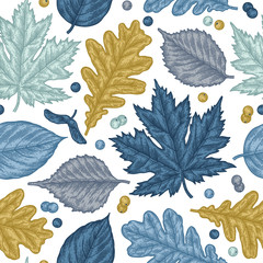Engraving seamless pattern of leaves and berries