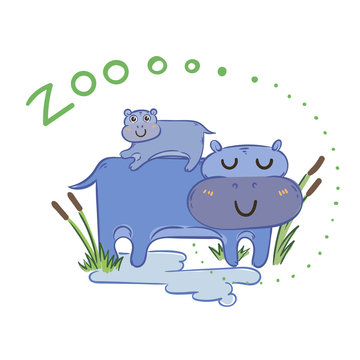 Illustration of doodle cute hippos, hand drawn graphic