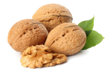 Green walnuts with leaves isolated on a white background