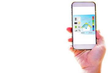 Hand holding smart phone for use application for control smart house system on isolated white background - Smart home technology of concept
