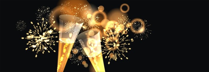 Hintergrund mit Sektgläser und Feuerwerk