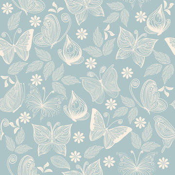 Seamless pattern with flying butterflies and flowers in background, vector illustration.