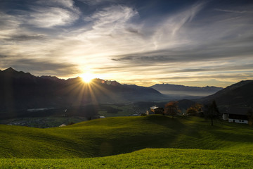 Fototapeta premium Sunset over the austrian alps, Grosswalsertal, Vorarlberg, Austria, Europe