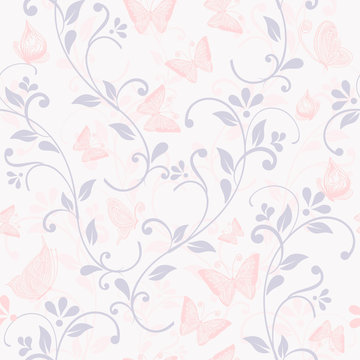 Seamless pattern with flying butterflies and flowers in background, vector illustration.