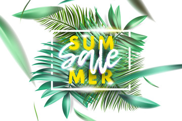Fototapeta na wymiar Summer sale banner, poster, design, layout, template. Glowing summer sale typography in white frame with beautiful, realistic palm leaves. Falling, flying leaves on white background with motion effect