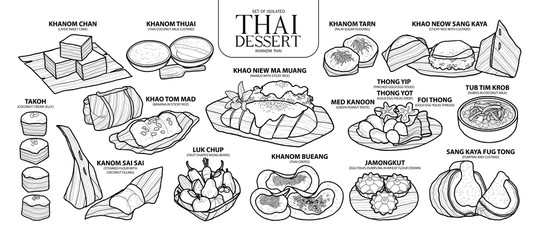 Set of isolated Thai dessert in 14 menu. Cute hand drawn food vector illustration in black outline and white plane.