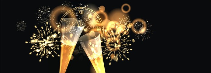 Hintergrund mit Sektgläser, Ziffernblatt und Feuerwerk
