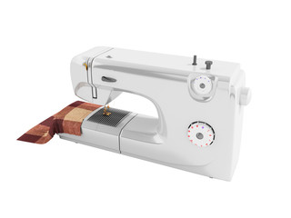 Modern sewing machine with material for seamstresses white perspective 3D render on a white background no shadow