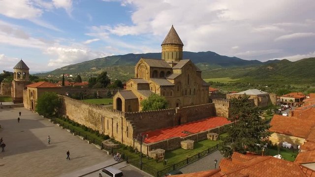 Aerial footage of Svetitskhoveli Cathedral, north of Tbilisi, tourism in Georgia