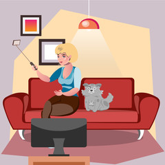 Vector selfie girl with a dog.