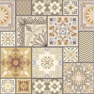 Vector abstract seamless patchwork pattern with geometric and floral ornaments, stylized flowers, dots and lace.