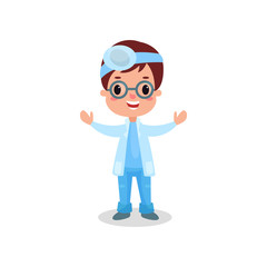 Cute boy doctor in professional clothing with reflector frontal of otolaryngologist, kid playing doctor vector illustration