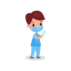 Cute boy doctor in professional clothing in medical mask and gloves, kid playing doctor vector illustration