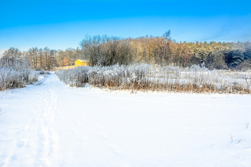 Magical winter landscape with snow on road in countryside and blue sky, white christmas concept