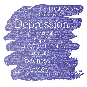 Vector conceptual depression or mental emotional disorder problem paint brush word cloud isolated background. Collage of anxiety sadness, negative sad, despair, unhappy, frustration symptom