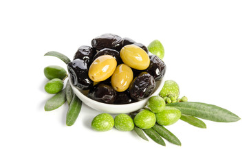 Black and green  olives  mixed in the  porcelain bowl isolated on white background