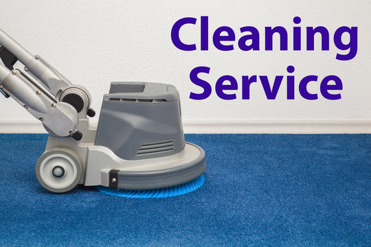 Carpet chemical foaming, rubbing and cleaning with professionally disk machine. Early spring regular cleanup. Commercial cleaning company concept with inscription.