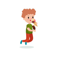 Cute boy feeling happy with his ice cream cartoon vector illustration
