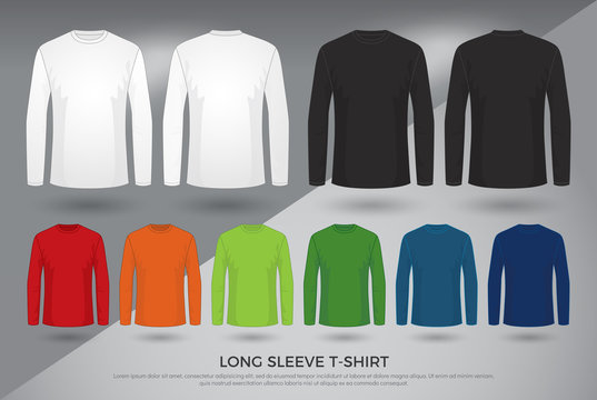 Men's long sleeve t-shirt, Set of black, white and colored long sleeve shirts templates design. front and back view shirt mock up. vector illustration