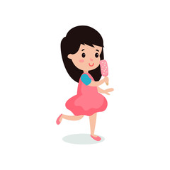 Pretty brunette girl feeling happy with her ice cream cartoon vector illustration