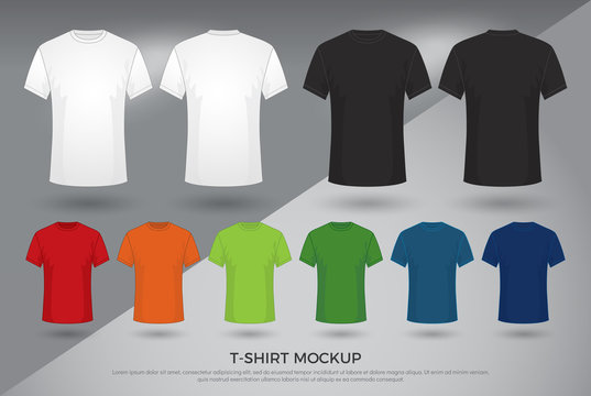Men's t-shirt mockup, Set of black, white and colored t-shirts templates design. front and back view shirt mock up. vector illustration