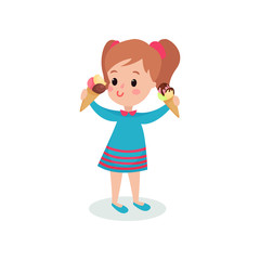 Pretty girl holding two ice creams cartoon vector illustration