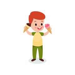 Redhead boy holding two ice creams cartoon vector illustration