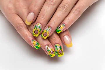 summer yellow French manicure with sparkles and painted sunflowers, wasps on long square nails 