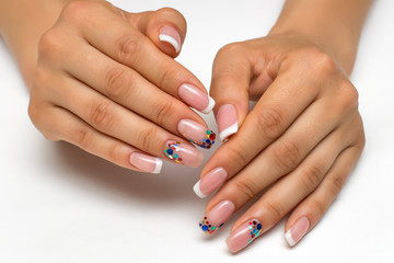 wedding French white manicure with sparkles of confetti on long square nails